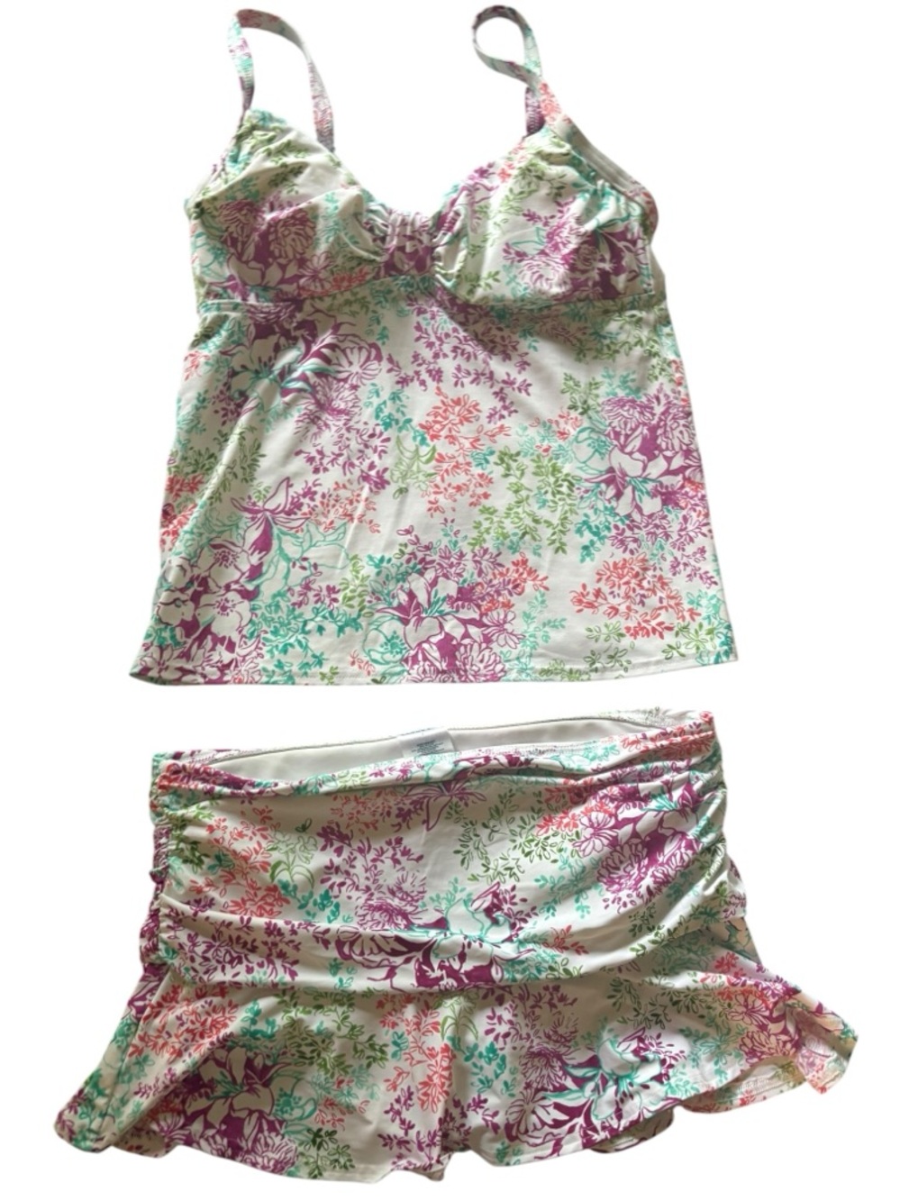 Lands' End Floral Tankini Top & Swim Skirt in White, Pink, Green top 4 bottom 6